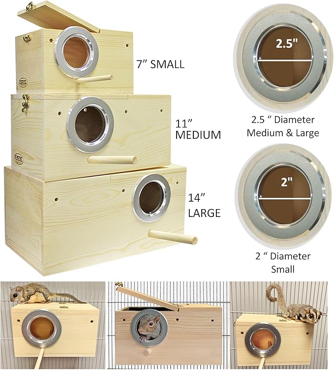 Sturdy Nest Box (S) - Cage Attachment, Hinged Lid, Perching Ledge - for Sugar Glider, Squirrel, Rat, Finch, Parakeet, Lovebird, Parrotlet, Lovebird, Canary, Cockatiel, Other Birds & Small Pets