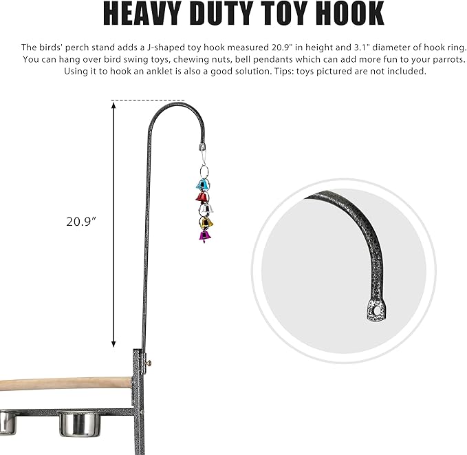 COZIWOW 72" Parrot Stand,Stainless Steel Tray Bowls Large Bird Playstand,Parrot Perch with Easy Grip,Wrought Iron Bird Stand with Toy Hook,Macaw Play Gym Ground Stand Rolling Wheel,Pet Gift