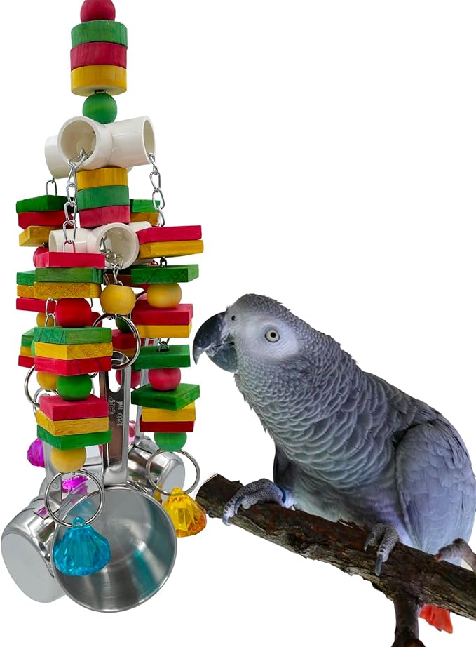 Large Parrot Toy, Multicolored Natural Wooden Strings and Stainless Steel Cups Bird Chewing Toys for Medium and Large Parrot Macaws African Grey Cockatoos Eclectus