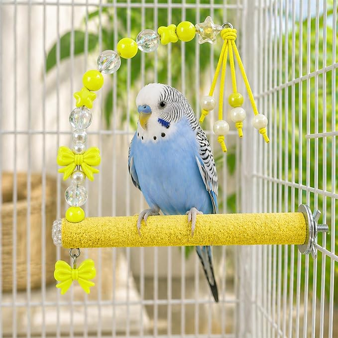 Bird Parrot Perch with Beads and Bow Chew Toy,Cage Platform Toy and Exercise Accessories for Budgies Parakeets Cockatiels Conures and Lovebirds (Yellow)