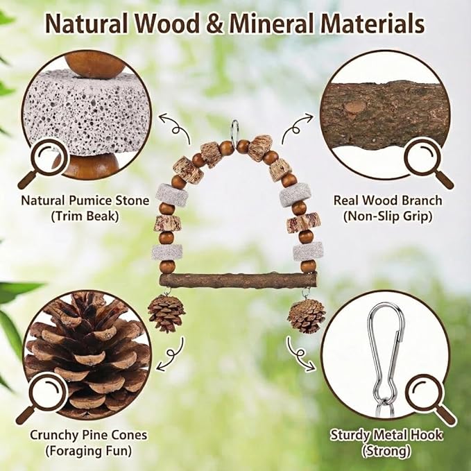 Natural Wood Bird Swing Toy for Parakeets Cockatiels, Parrot Hanging Perch with Chewing Pine Cones & Beak Grinding Pumice Stone, Bird Cage Accessories for Conure Lovebirds Budgies - Boredom Relief