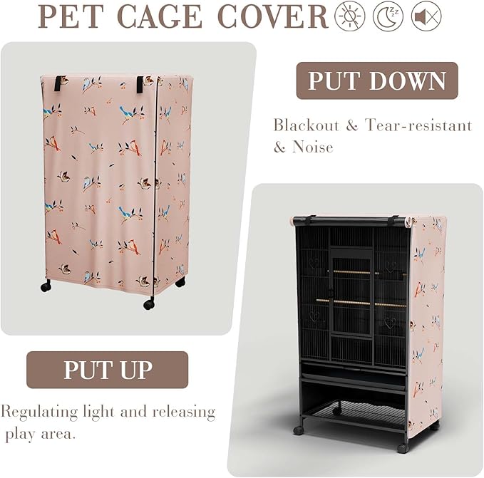Tchvt Nighttime Bird Cage Covers with Zipper Panel Blackout Birdcage for Winter Universal Breathable Large Good Night Enclosure for Bird (Bird Designs, 33x23x41 inch)