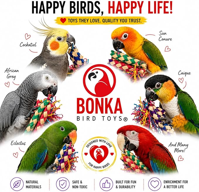 Bonka Bird Toys 1730 Foraging Valentine Heart Bird Toy for Medium Birds Shredding and Chewing Cage Toy Colorful Palm Leaf and Paper Foraging Toy 9" x 6"