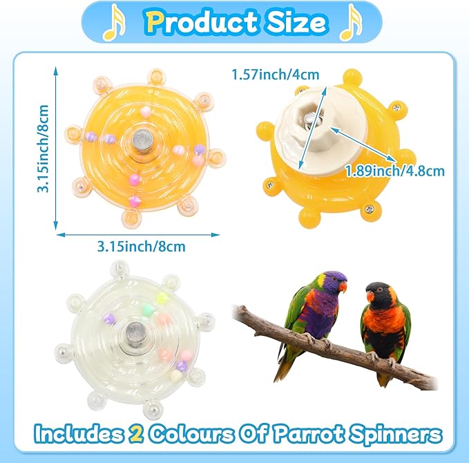 2 Colors Bird Toys for Parrots, Small Bird Cage Toys with Spinning Rattle, Hanging Roller Parakeet Cage Accessories for Chewing Exercise, Budgie Entertainment (White and Yellow)