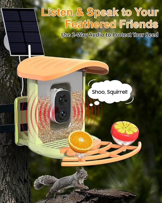 Bird Feeder with Camera, 2K HD Camera Birds Feeder with AI Bird Recognition, Solar Powered Smart Birdfeeder with App Control, Color Night Vision, Gift Box Package, Easy Install & Family Sharing