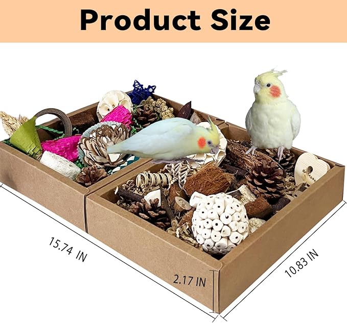 Bird Foraging Toys Parrot Chew Shredding Toys Bird Foraging Box for Parakeets Cockatiels Conures Lovebirds and Small to Medium Birds(Natural+Colorful)