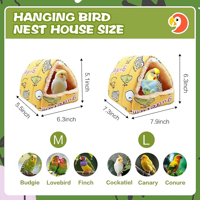 SUSOO Plush Warm Bird Bed - Hanging Bird Nest Snuggle Velvet Shed Tent Cage Fluffy Hut Winter Sleeping Hideaway Hammock House for Parrot Parakeet Conure Cockatiel Budgies Lovebird (Yellow, L)