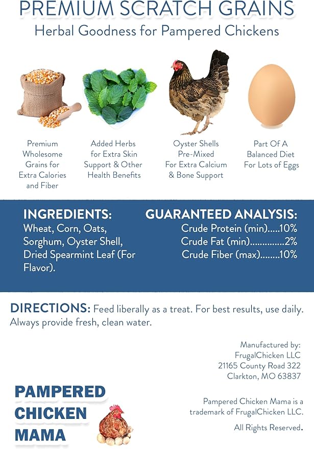 Pampered Chicken Mama Premium Scratch Feed Treat - High Protein & High Calcium All-Natural Backyard Chicken Grower Feed Supplies for Laying Chickens (10 pounds)