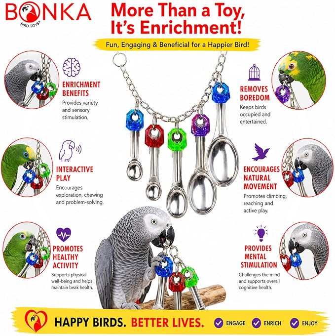 Bonka Bird Toys 1969 Spoon Delight Parakeets Cockatiel Conure Interactive Hanging Stainless Steel Spoons Chewing Foraging Enrichment Cage Medium Large Parrots 12.5" Chew Colorful Parts