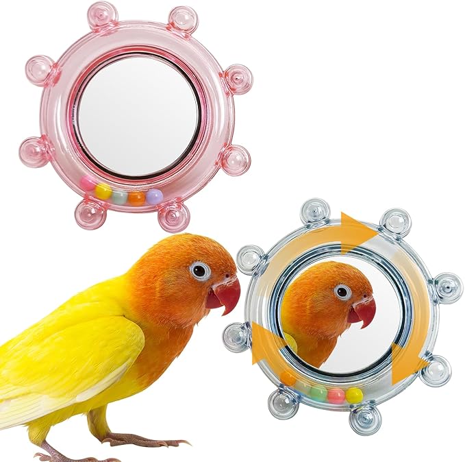Hamiledyi Bird Rotating Toys with Mirror Interactive Spinner Rattle Parrot Toy Birds Chewing Toy Parakeet Cage Accessories for Entertainment Suitable for Conure Cockatiel Lovebird (Blue and Pink,2PCS)
