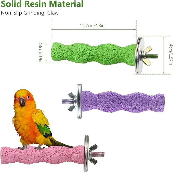3-Piece Bird Beak Grinding Stone, Resin Parrot Perch for Cage, 5.7-Inch Nail Trimmer and Claws Grinding Stick for Parakeets, Cockatiels, Hamsters, and Chinchillas