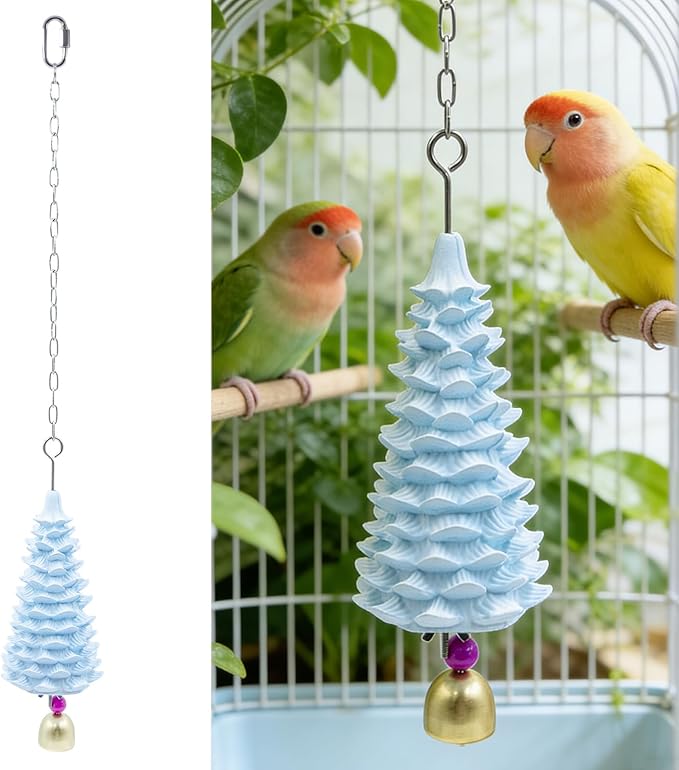 Bird Beak Grinding Stone - Tree Shaped Natural Mineral Parrot Chew Toy with Bell - Hanging Cage Accessories for Parakeets, Cockatiels, Budgies, Lovebirds & Small to Medium Birds