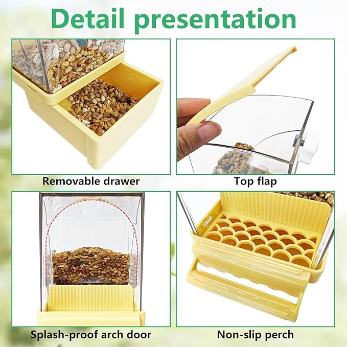 Hamiledyi 2Pcs Automatic Bird Feeder No Mess Bird Cage Feeder Transparent Acrylic Parrot Seed Food Container with Perch Cage Accessories for Parakeet Finch Lovebirds Budgies Canary (Yellow)