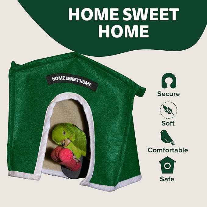 Crazy K Farm- Avian Haven Bird Hut, Comfy Bird Snuggle Hut, Plush Pet Bird Hut for Sleeping and Snuggling, Hanging Bird Cage Hut with Sherpa, Cozy Bird Cage Accessories Extra Small, Green