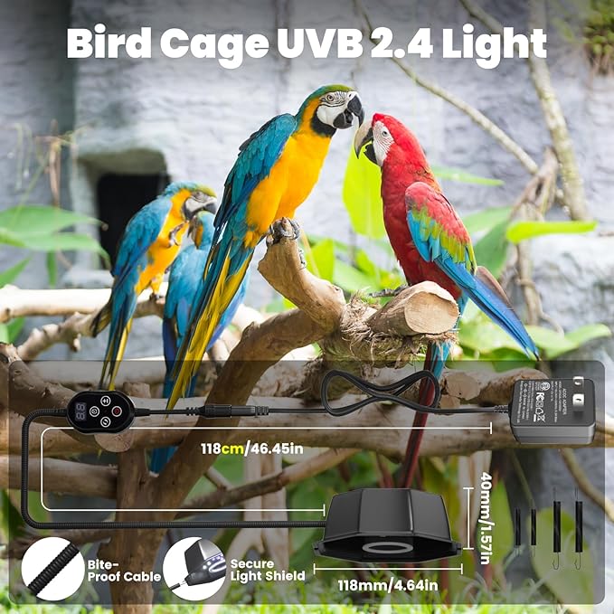 GlowUp 10W Bird Cage Light, Full Spectrum Light for Birds with Chew Guard, UVB2.4 Dimmable Octagonal LED Light Fixture with Plug and Controller, Bird Cage Accessories for Captive Birds Parrots