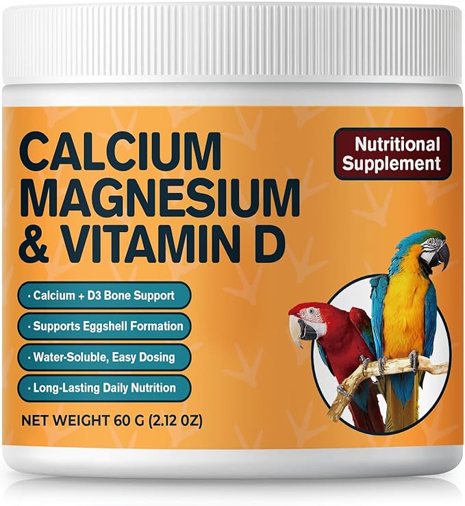 Bird Calcium Supplement with Magnesium & Vitamin D3, Water-Soluble Powder for Bone, Feather & Eggshell Support, Easy-Mix Daily Nutrition for Parrots & Companion Birds, 60 g
