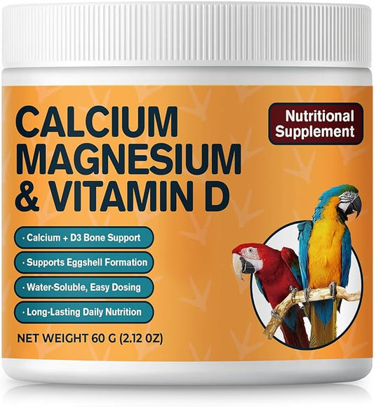 Bird Calcium Supplement with Magnesium & Vitamin D3, Water-Soluble Powder for Bone, Feather & Eggshell Support, Easy-Mix Daily Nutrition for Parrots & Companion Birds, 60 g