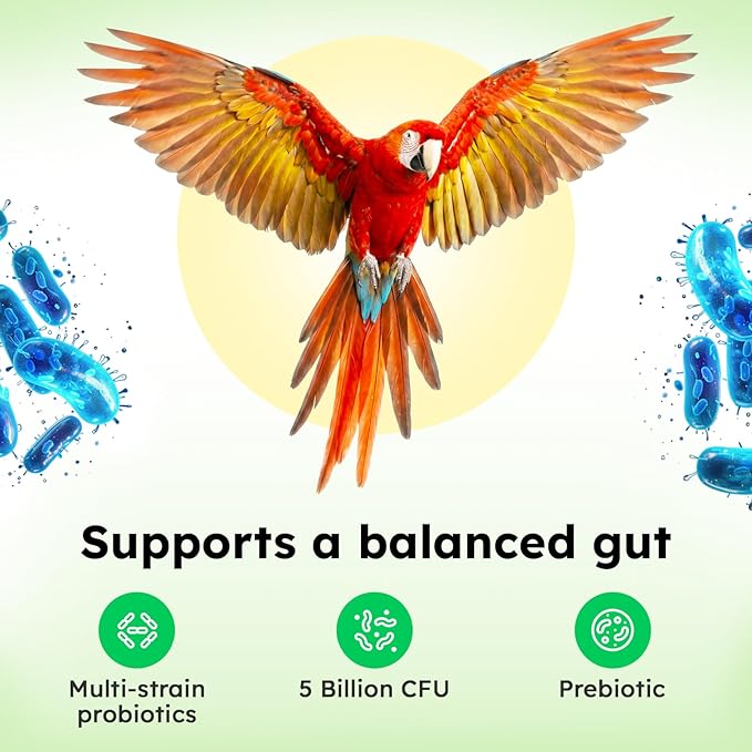 Avian Probiotics for Birds & Parrots – Digestive & Gut Health Support Powder with Prebiotics (FOS), 6-Strain Formula for Parrots & Pet Birds (120 Servings)