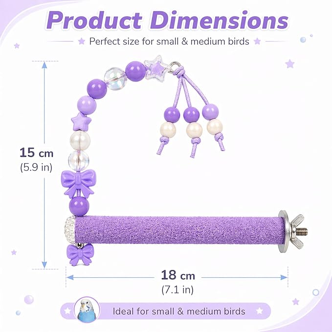 Bird Parrot Perch with Beads and Bow Chew Toy,Cage Platform Toy and Exercise Accessories for Budgies Parakeets Cockatiels Conures and Lovebirds (Purple)