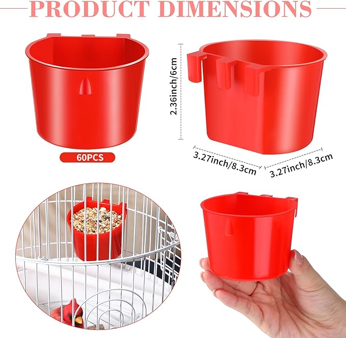 Sumind 60 Pcs Cage Cups Chicken Feeder Birds Hanging Feeders Seed Bowl 8 oz Plastic Water Bowl Hanging Chicken Gamefowl Waterer Feeding Watering Dish Coop Cups for Parrot Parakeet Poultry(Red)