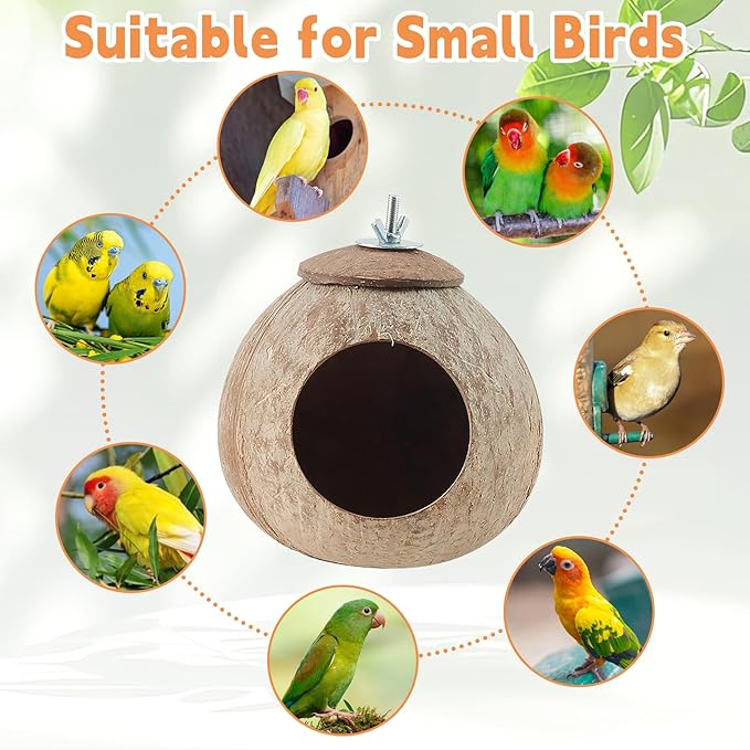 Coconut Bird Nest for Cage Natural Coconut Shell Birds House Parakeet Small Coconut Hide Breeding Hut Bird Cage Accessories for Parrot Lovebirds Budgies Cockatiel Conure Finch Canary