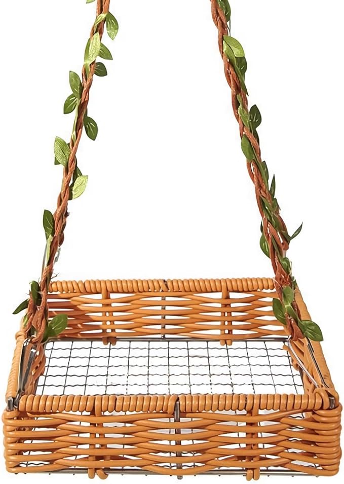 Hanging Rattan Bird Nest for Cage, Bird-Safe Vine Swing Perch with Leaves, Washable Chew-Proof Hammock Nest for Lovebird Cockatiel Budgie Conure, Cage Decoration & Rest Toy for Small Birds (Square)