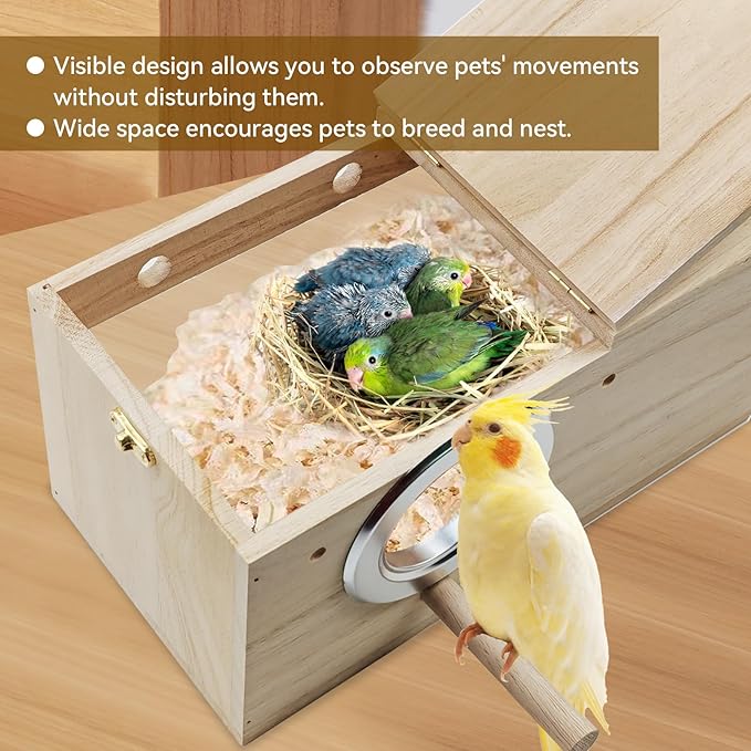 Large Parakeet Nesting Box for Cage,Transparent Bird Breeding Box Acrylic Parakeet Nest Natural Wood Bird Cage House for Parrot Cockatiel Budgies Canaries Lovebirds (L)