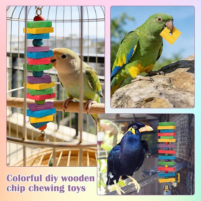 NOLITOY Bird Toys: 100 Pcs Wooden Blocks, Parrot Chew Toys Beak Trim Foot Craft Cage Parts DIY Shredding Playing for Macaw Conure African Grey Indoor Gift for Bird Lovers (Mixed Colors)
