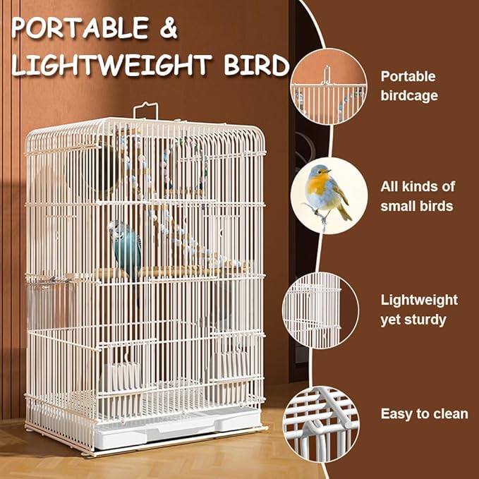 Upgraded Encrypted 23.6-Inch Bird Cage with Top Handle, Metal Parakeet Cage with Removable Slide-Out Tray, Lightweight Travel Bird Cage for Small Medium Birds Home Use