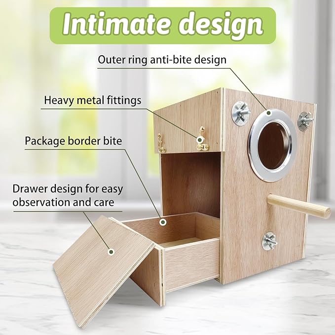 Tfwadmx Bird Wood Breeding Box Lovebirds Nesting Station House Aviary Cage Clear View Window for Parakeet Cockatiel Peony Finch Conure Budgie Parrots Tits Finches and Other Wild Birds