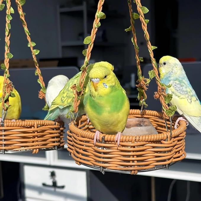 Hanging Rattan Bird Nest for Cage, Bird-Safe Vine Swing Perch with Leaves, Washable Chew-Proof Hammock Nest for Lovebird Cockatiel Budgie Conure, Cage Decoration & Rest Toy for Small Birds(Round)