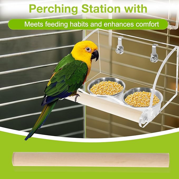 Bird Feeder for Cage,Transparent Parrot Feeder with Nonslip Wood Perch, Stainless Steel Birds Food Bowl Water Bowl, Bird Cage Seed Catcher for Small Medium Parakeet Cockatoos Lovebirds Budgies Conures