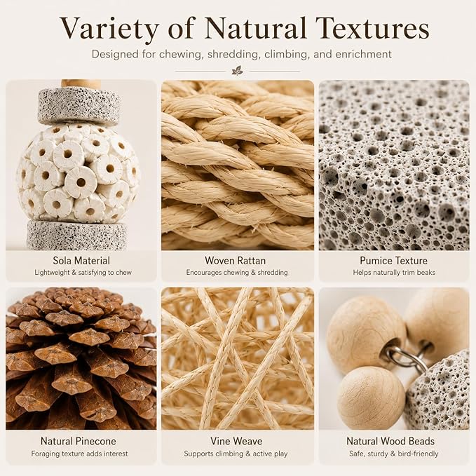3 Pack Bird Toys for Small Birds, Texture-Rich Shredding & Chewing Toys with Sola Ball, Rattan Balls, Pumice Stone and Pinecone, Hanging Cage Toys for Budgies, Cockatiels, Lovebirds and Small Conures