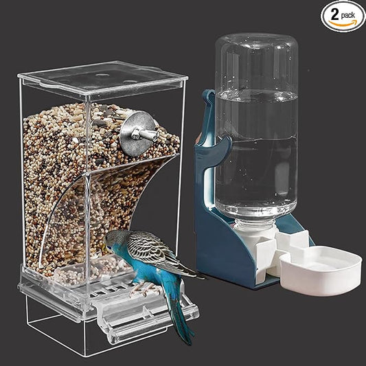 No Mess Bird Feeder Water Dispenser Set, Automatic Parrot Feeder for Cage Transparent Acrylic Food Container Drinker Cage Accessories Parakeet Cockatiel Lovebird Finch