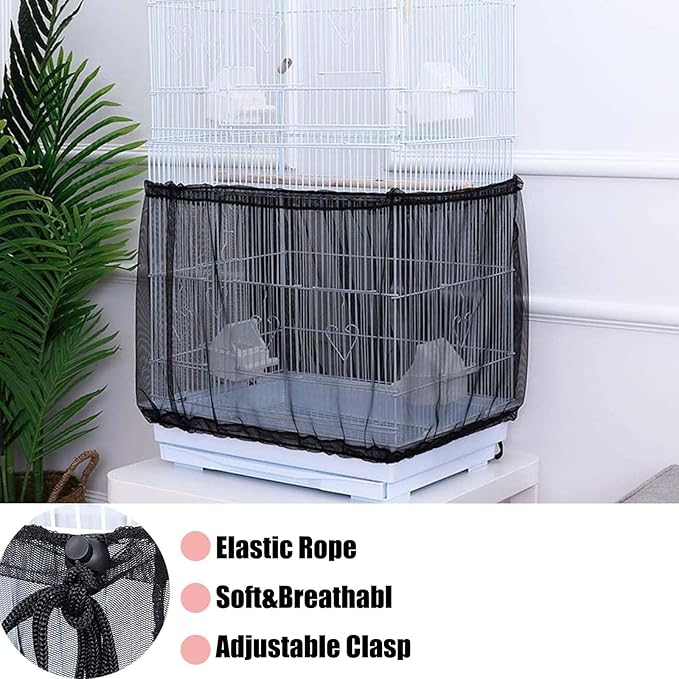 Bird Cage Seed Catcher, Large Bird Cage Cover, 75-118'' Universal Adjustable Birdcage Cover Skirt Soft Airy Nylon Mesh Net for Parakeet Macaw African Round Square Cage, Black