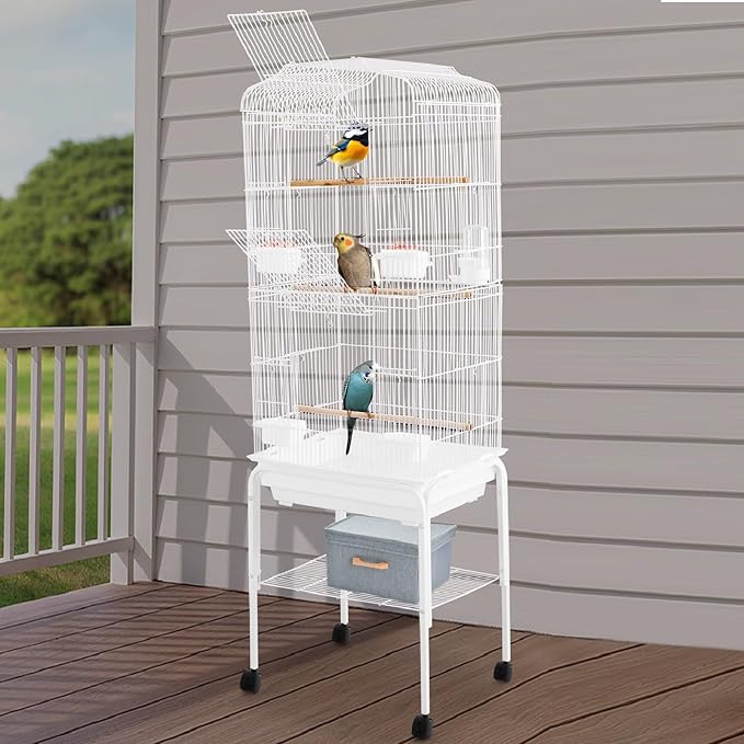 Large Bird Cage with Stand & Wheels, Freestanding Parakeet Birdcage with Feeding Bowls & Waterer, 54 Inch Bird Flight Cages for Parrot Canaries Cockatiels Budgie Parrotlet (White)