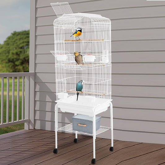 Large Bird Cage with Stand & Wheels, Freestanding Parakeet Birdcage with Feeding Bowls & Waterer, 54 Inch Bird Flight Cages for Parrot Canaries Cockatiels Budgie Parrotlet (White)