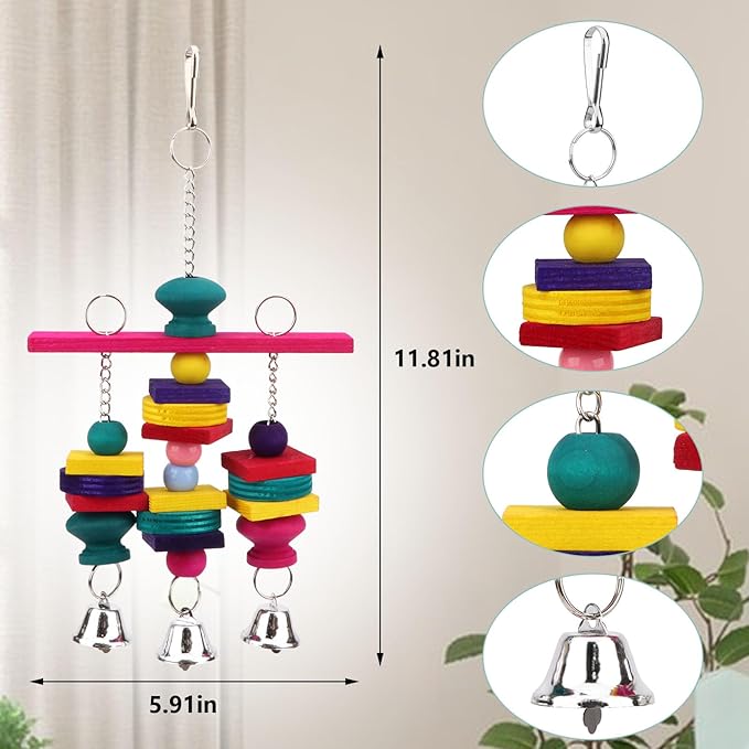 Hypeety Parrot Hanging Swing Bells Chew Toy Colorful Hanging Wood Block Natural Birds Toy for Parrot Macaw African Greys Cockatiels Budgies Conure Cage