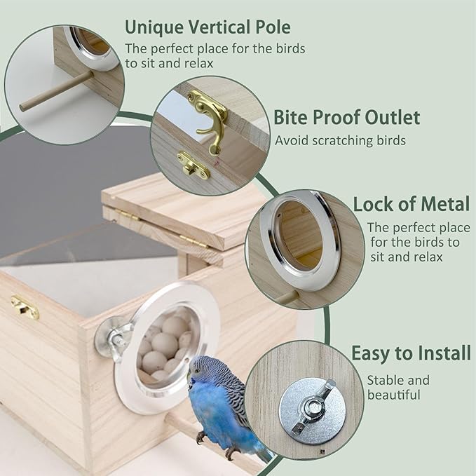 Parakeet Nesting Box, 7.87 X 4.72 X 4.72 inch Transparent Bird Nest Breeding Box with Perch Parrot Mating Box Wood Bird House Aviary for cage (S Horizontal Transparent+Wood)