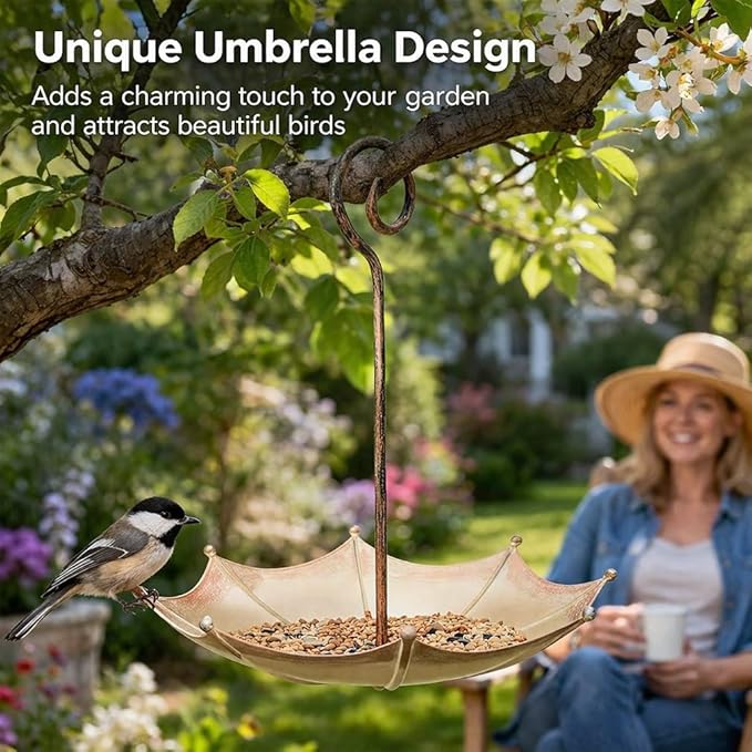 Mini Umbrella Bird Feeder Whimsical Garden Charm Hummingbird Feeders Station for Outdoors Hanging Metal Tray Birds Bath Waterer Shade Cover Garden Gifts for Wild Patio Yard Tree Decor