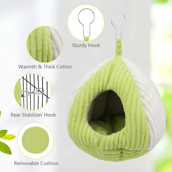 Hypeety Bird Nest Winter Warm Hammock Bed for Cage Bird Shed Hut Tent Cozy Hanging Nest House for Small Pet Parakeet Conure Cockatiel Budgies Lovebird Bird Cage Accessories (Green, L)