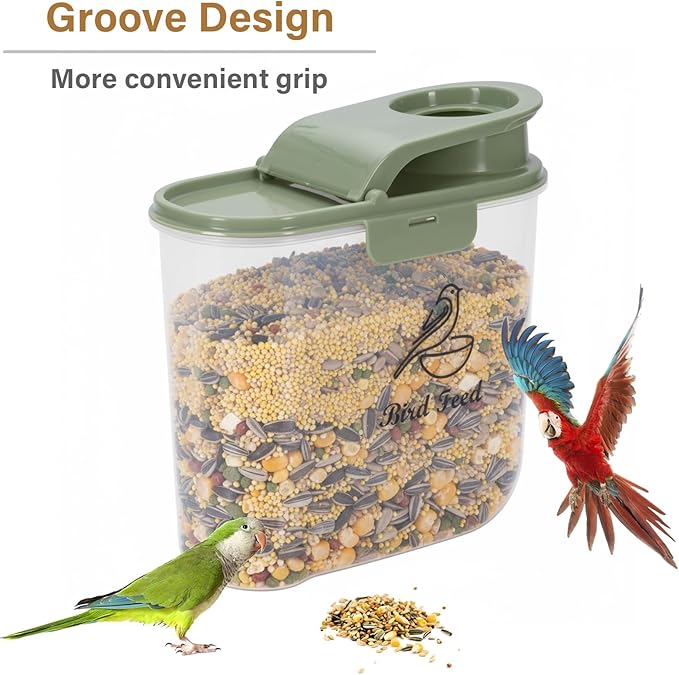 Bird Seed Storage Container, 2.1 Qt/2 L, Airtight, Flip Lid & Pour Spout, Bird Food Container with Scale for Sunflower Seeds, Portable Travel Kibble Storage Dispenser for Small Animal, Green