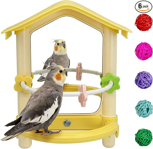 kathson Bird Mirror with Plastic Perch and 5PCS Colorful Rattan Balls Parakeet Hanging Swing with Mirror Interactive Toy Bird Cage Accessories for Cockatiel Parrot Conures Cockatoo Finch(Yellow)