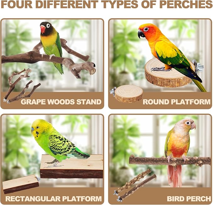 LIMIO 6-Piece Bird Perch Set - Natural Wood Grape Sticks, Paw Grinding Forks, Bird Stand & Toys for Parakeets, Cockatiels, Conure, Budgies