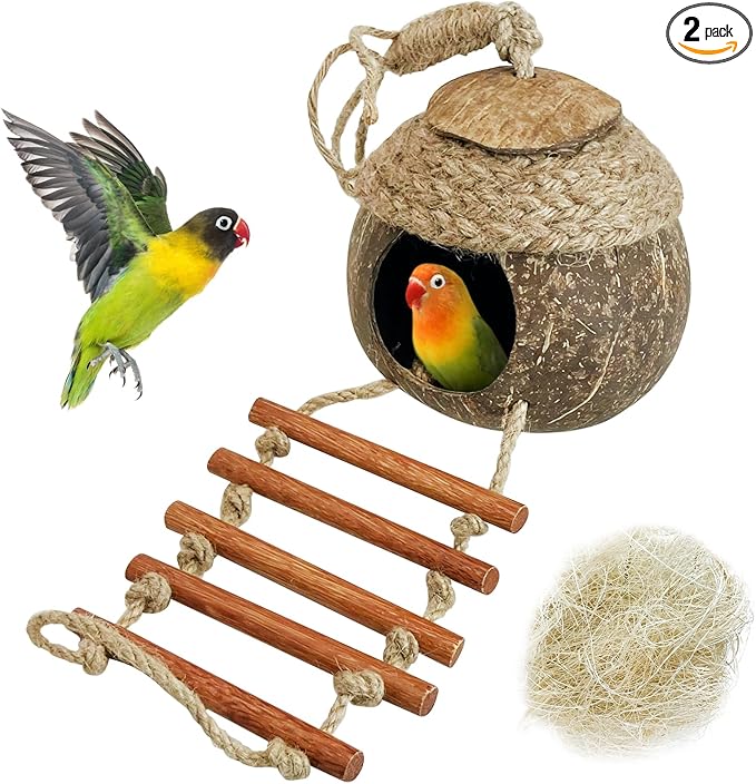 Tfwadmx Coconut Bird Nest Hut with Ladder Natural Coconut Fiber Shell Hanging Coco Birds House Parrot Cage Decor for Parrot Parakeet Lovebird Finch Canary