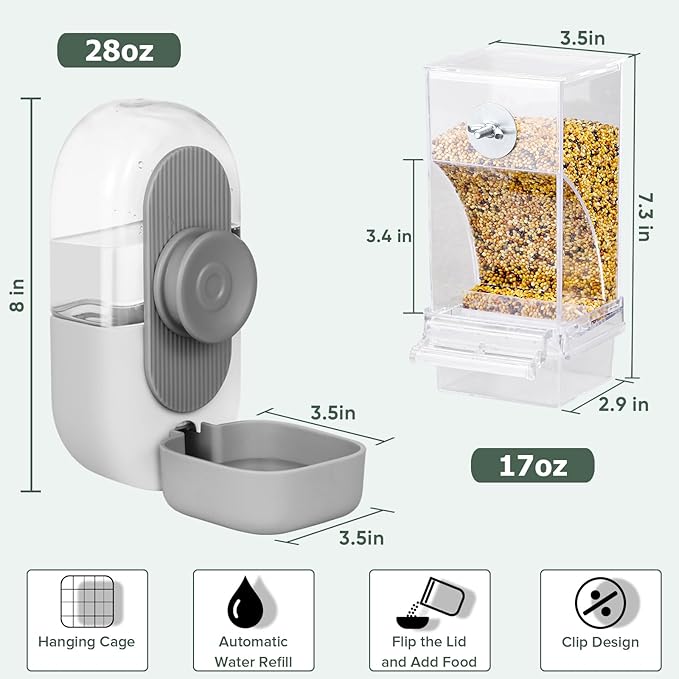 Lemtrflo No Mess Bird Feeder & Water Dispenser Set - Automatic Feeding & Hydration, Parakeet Cage Accessories for Parrots, Cockatiels, Finches, Lovebirds & Budgies