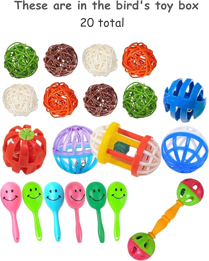 20-Pack Bird Toys for Parakeets, Budgies – Colorful Cage Accessories with Bells & Chewing Fun (1.6'' - 5.5'')