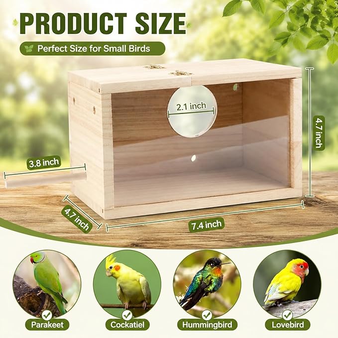Rypet Parakeet Nesting Box Transparent Design, Thwartwise Bird Nest Breeding Box with Perch Wood Bird Cage House for Cockatiel Lovebirds Budgie Finch Parrotlets Canary S