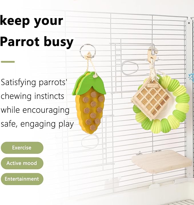 Parrot Chew Toys Set - Natural Wood & Loofah Toys with Plant-Based Dyes, 3 Pack Bird Chew Toys for Cockatiels, Conures & Small Parrots for Cage Enrichment (3 Pieces of Green Series)