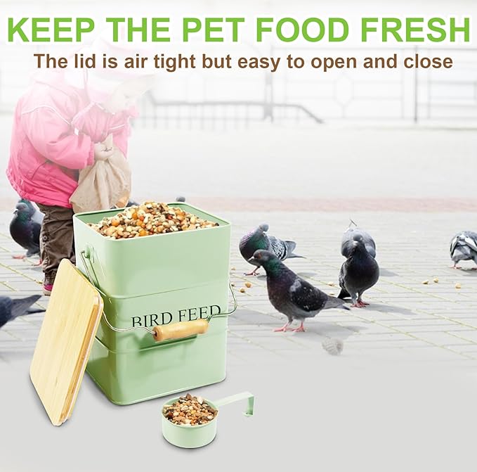 Metal Bird Seeds storage container,Outdoor Bird Container Canister, Pet Food Bin with Wooden Lid/Handle/Food scoop,hold 5-6 Lbs of Wild Bird Seed Sunflower Seed-Preventing Squirrels-Green